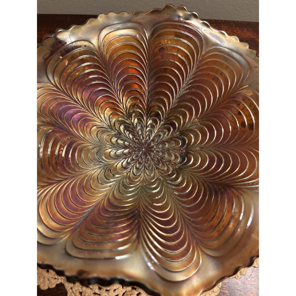 Vintage Fenton Marigold Carnival Glass Ruffled Bowl Peacock Tail Iridescent - Picture 6 of 11